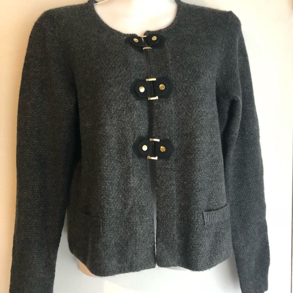 Cynthia Rowley Charcoal Gray Wool-Blend Cardigan with Gold-Tone Toggle Accents